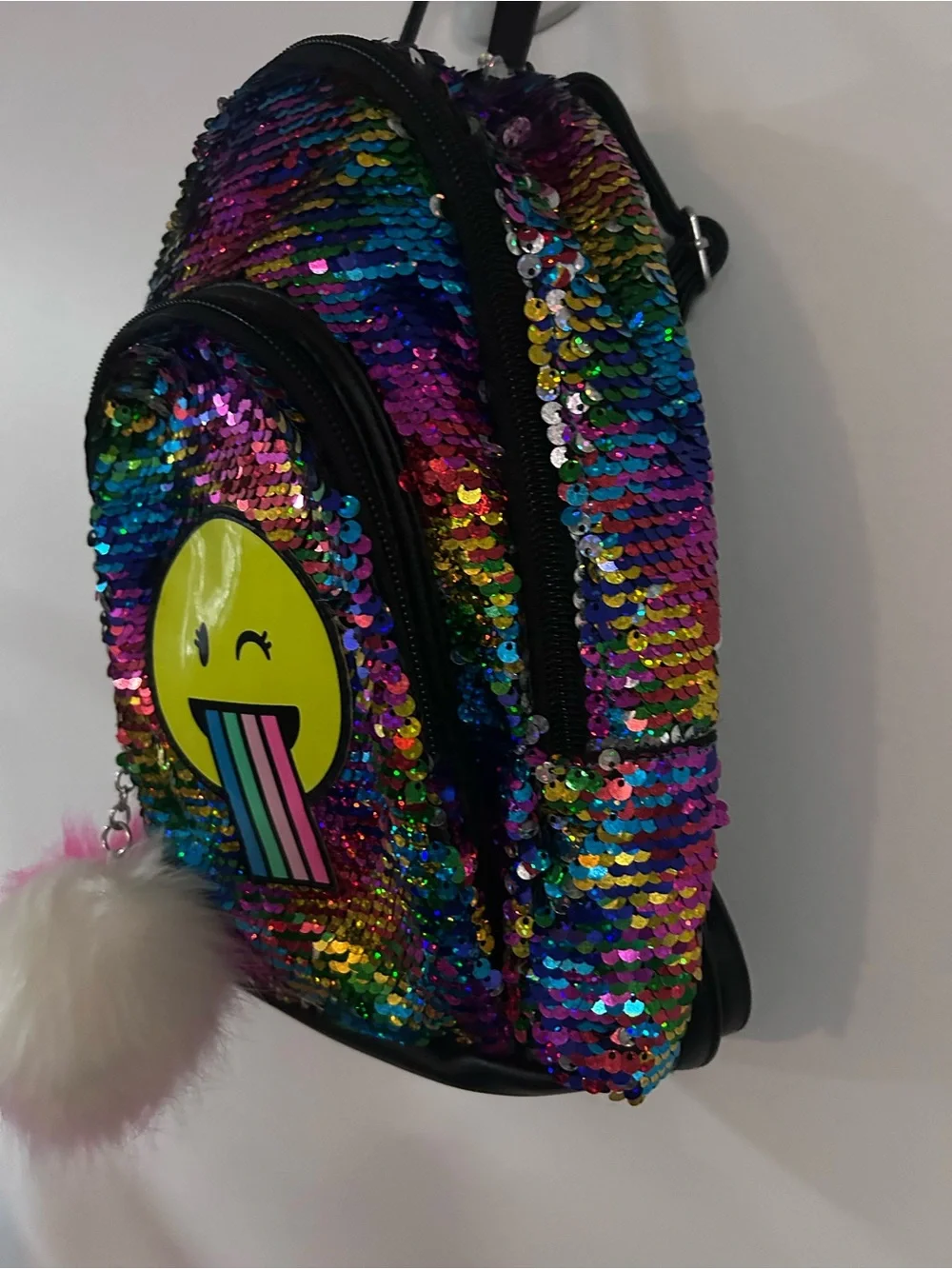 Justice Rainbow Sequin Backpack with Yellow Emoji and Pink Pom